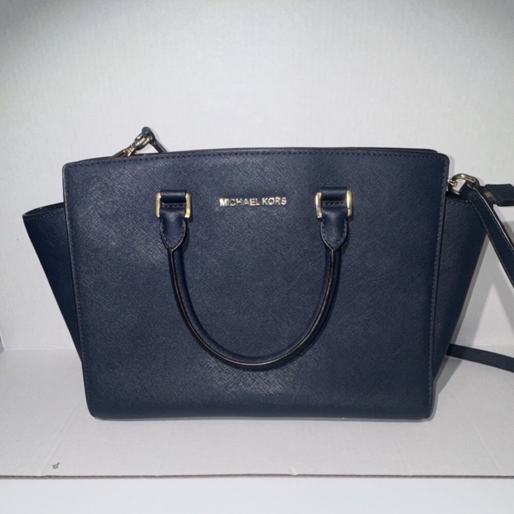 Michael Kors Navy Satchel Top Handle Bag for Women Detachable Strap Gold Zip